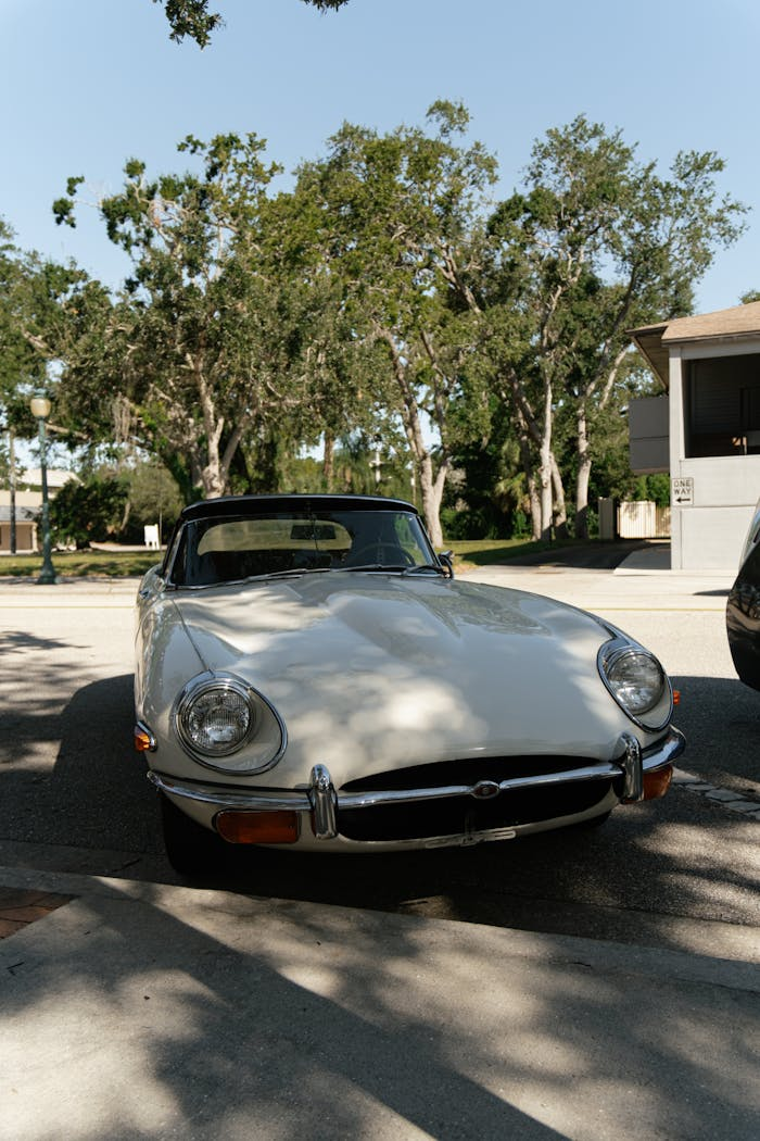Classic white Jaguar E-Type parked in a sunny residential area with trees surrounding.